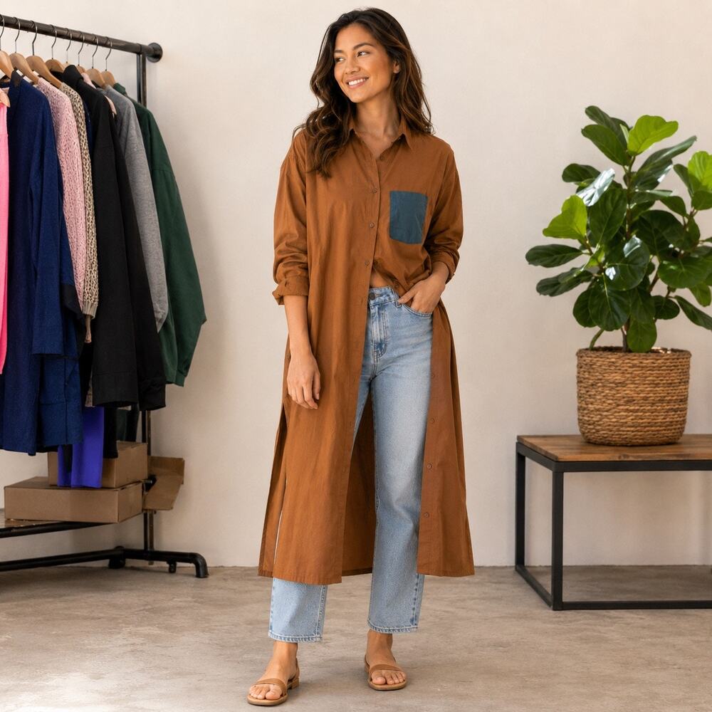 TOV Los Angeles Shirt Dress Size 38 / S Brown Maxi Cotton Button Front Side Slit